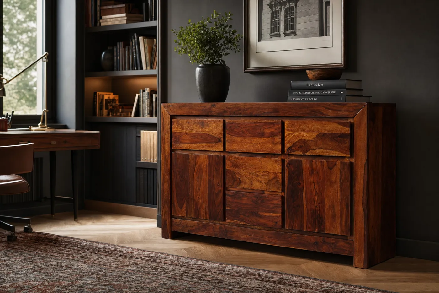 Komoda PU-04-150 w ciemnym gabinecie z grafitową zabudową